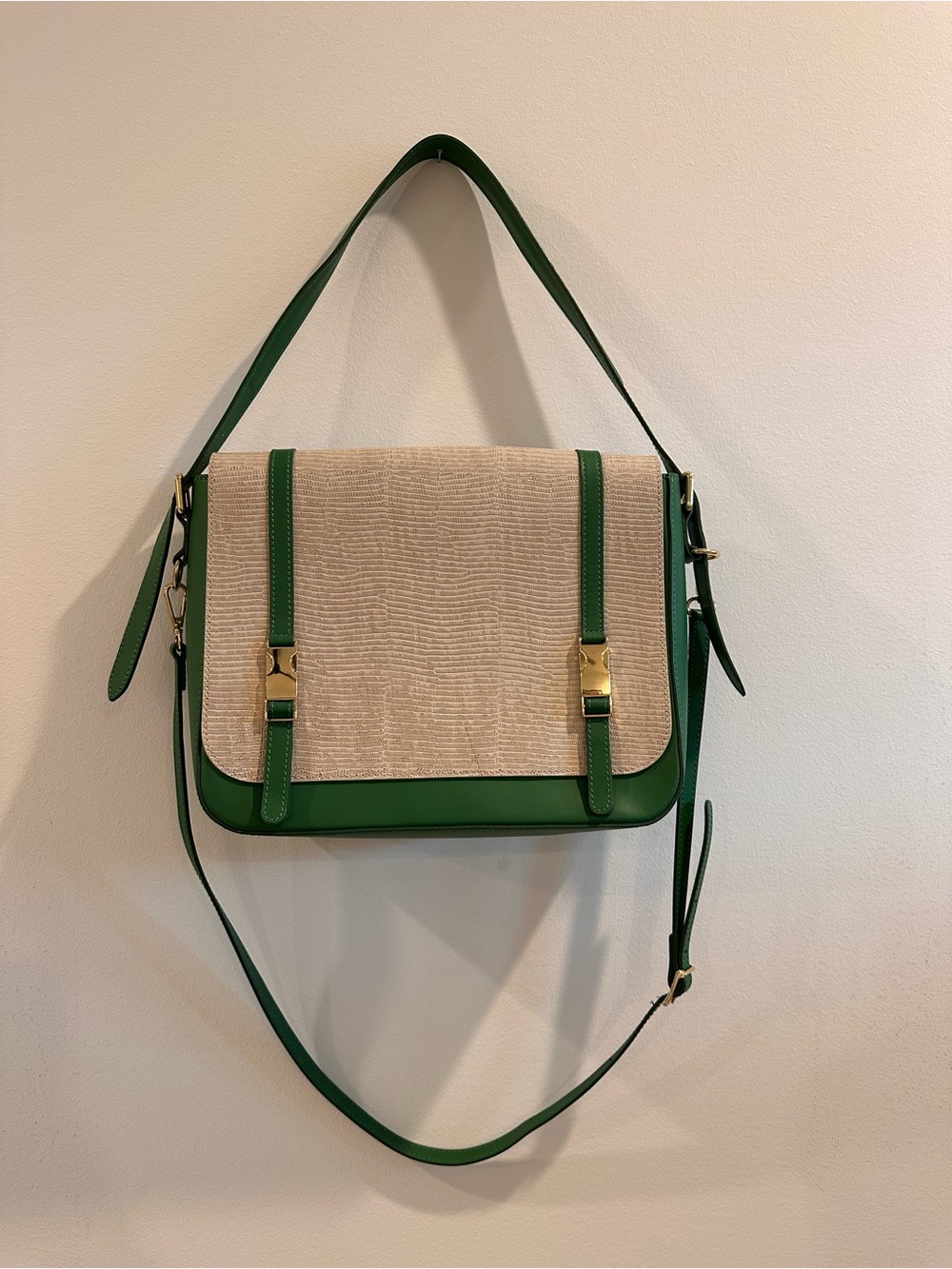 Green and Cream Satchel with Gold Hardware